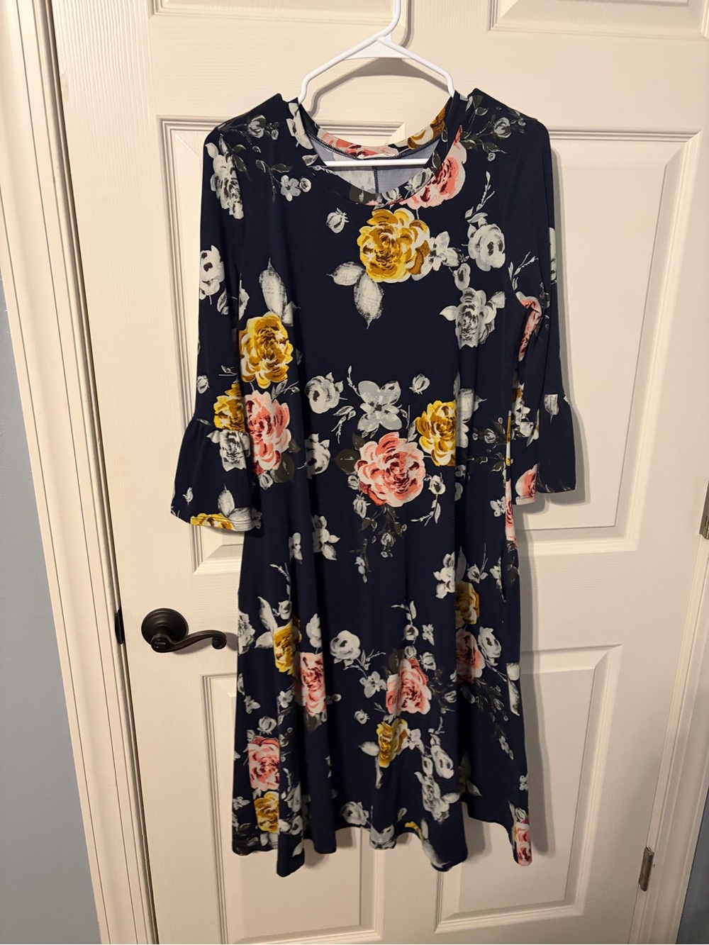 Reborn J Navy Floral Midi Dress with Ruffle Sleeves